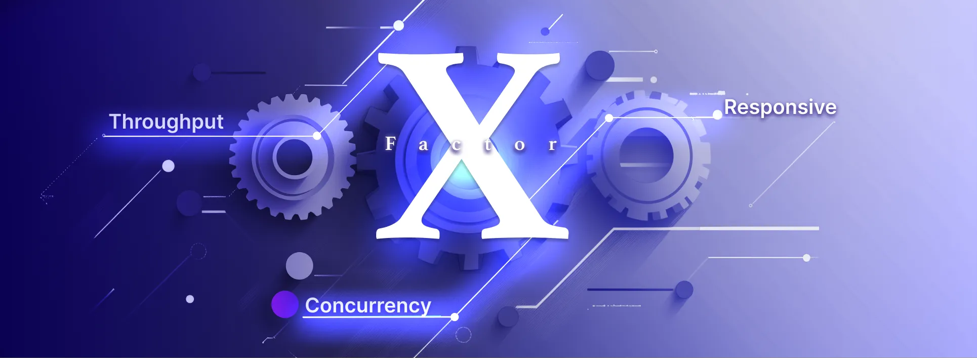 Illustration representing the X Factor with large interconnected gears and digital elements symbolizing key performance metrics including throughput, concurrency, and responsiveness.